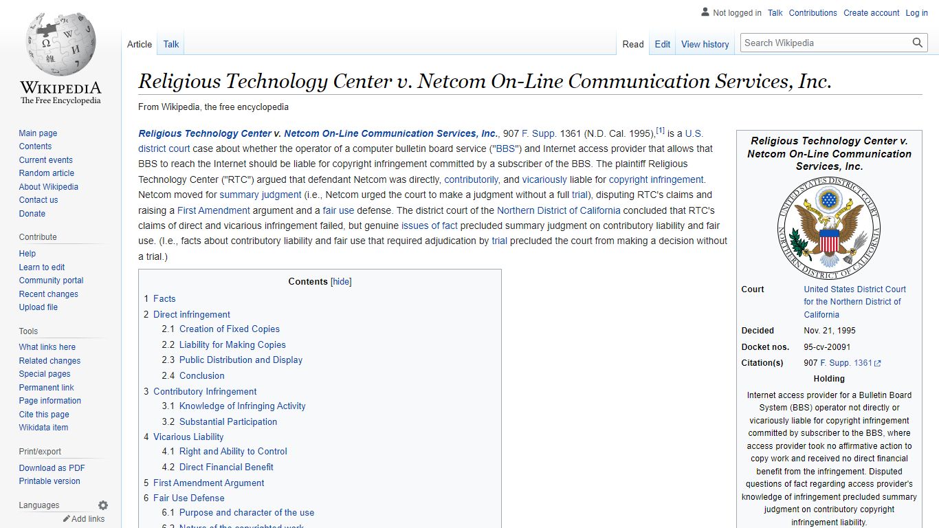 Religious Technology Center v. Netcom On-Line Communication Services ...