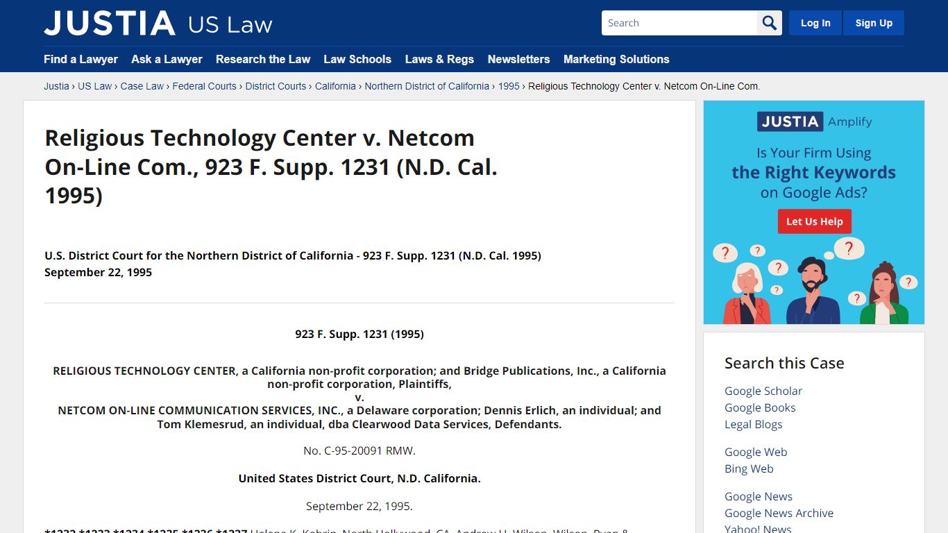 Religious Technology Center v. Netcom On-Line Com., 923 F. Supp. 1231 ...